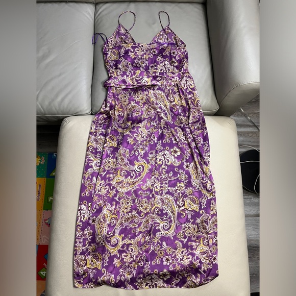 Zara Women’s Satin Effect Lavender Paisley Bow Tie Wrap Midi Dress - Size S - Picture 10 of 15
